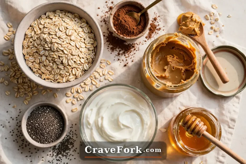 Ingredients for chocolate peanut butter overnight oats laid out on a table