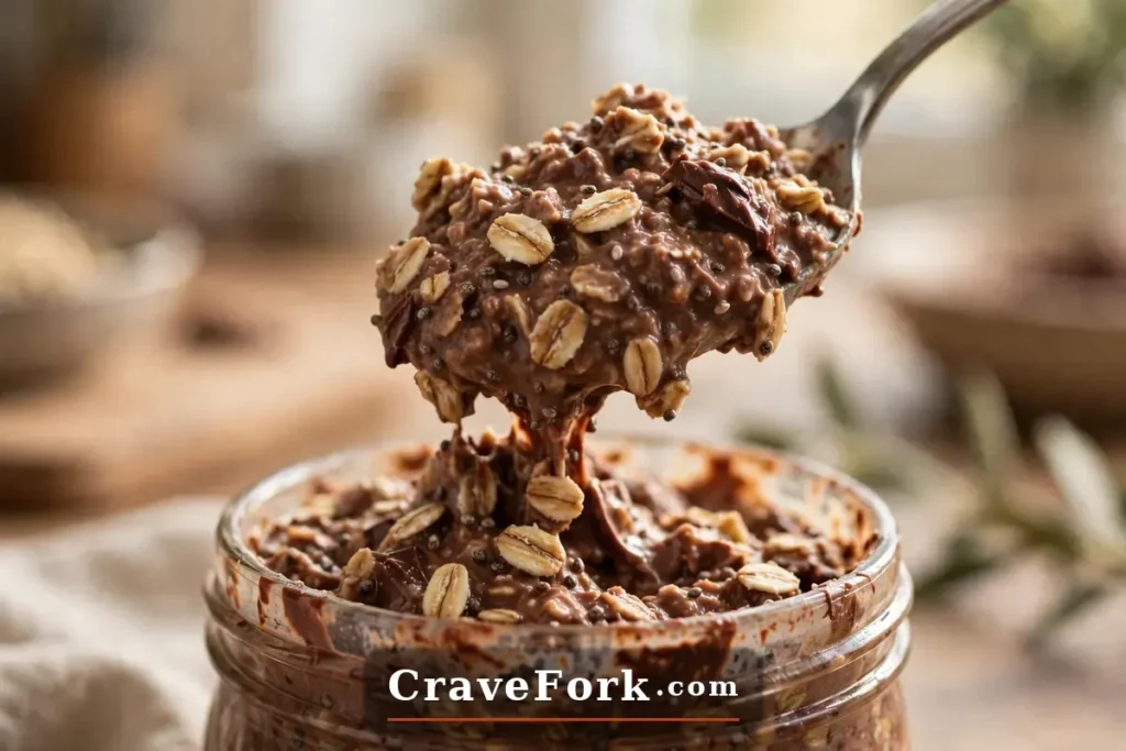 Spoonful of creamy chocolate peanut butter overnight oats