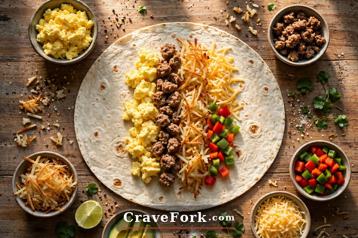 Assembling a breakfast burrito with eggs, sausage, potatoes and cheese