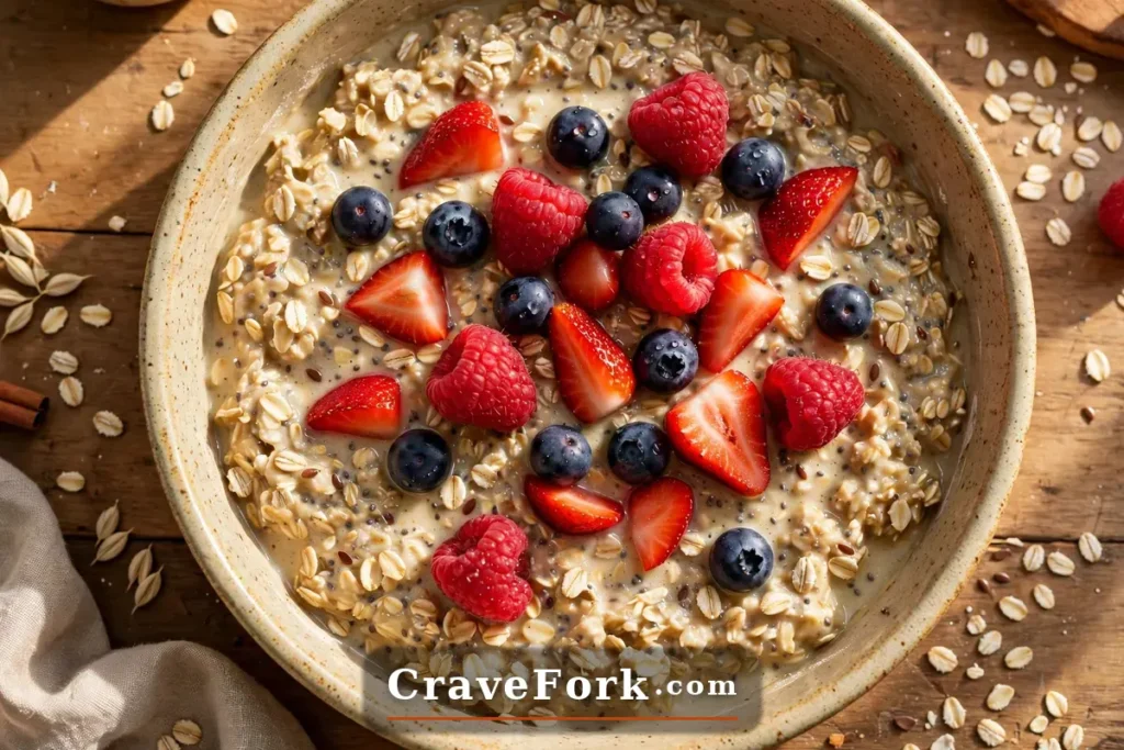 Baked oatmeal with berries mixture in a dish before baking.