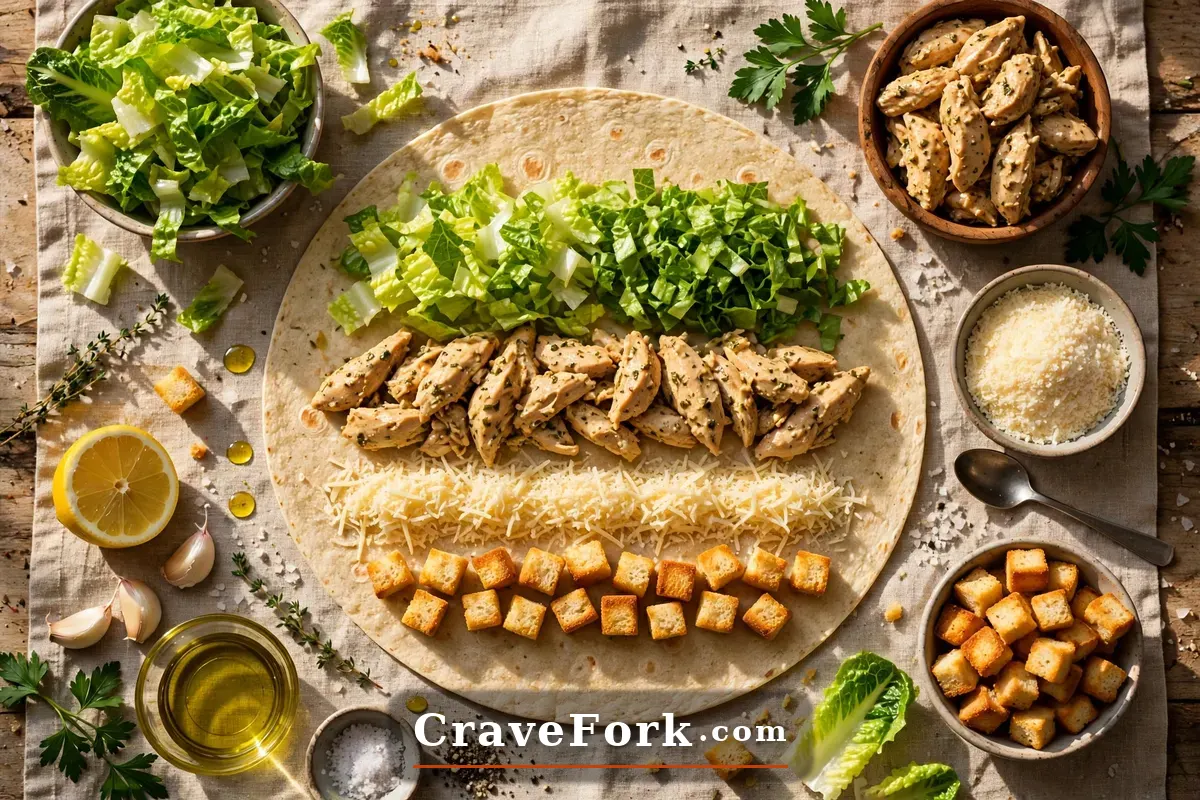 Assembling a chicken caesar wrap with layered ingredients