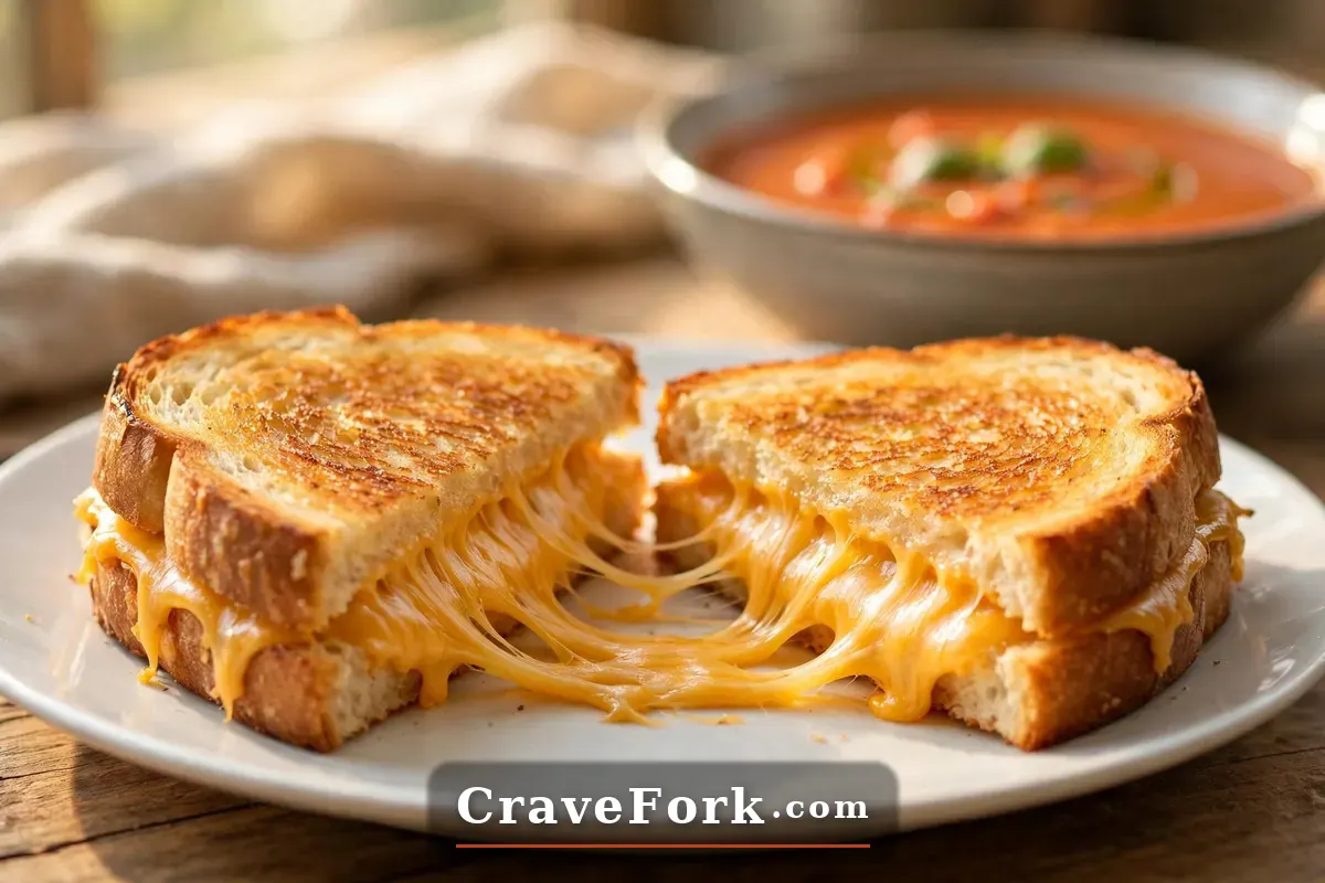Classic grilled cheese sandwich cut in half with melted cheddar cheese.