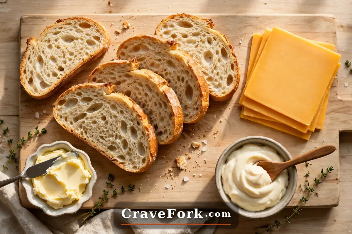 Ingredients for a classic grilled cheese sandwich laid out on a wooden board.