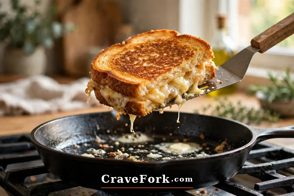 Grilled cheese sandwich cooking in a skillet with a golden crust.