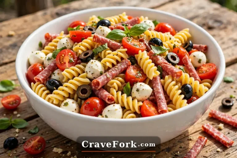 Easy Italian pasta salad with rotini, vegetables, salami and mozzarella in a white bowl.
