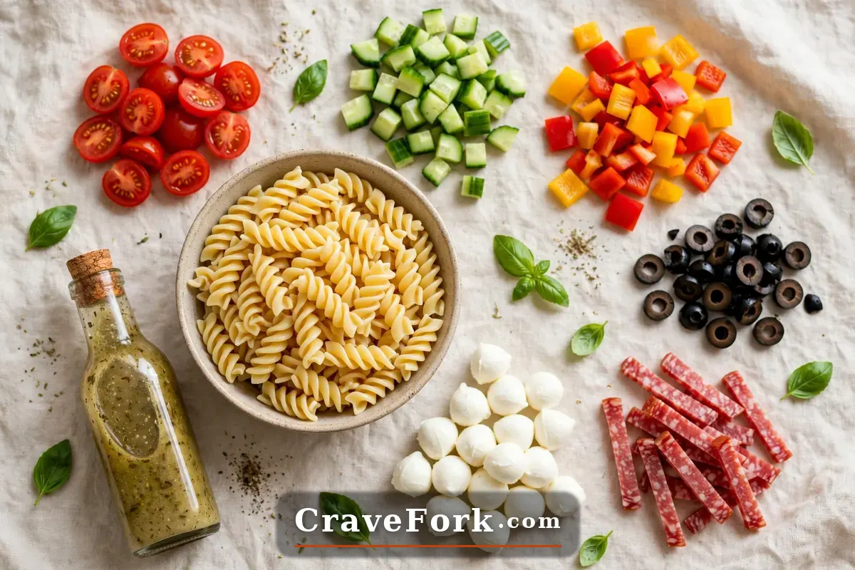 Ingredients for Italian pasta salad arranged on a table before mixing.