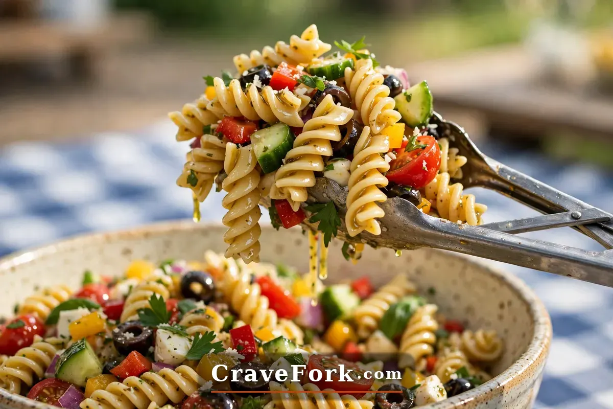Serving of Italian pasta salad lifted with tongs from a large bowl.