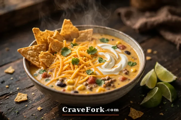 One-pot creamy taco soup topped with cheese, sour cream and tortilla chips.
