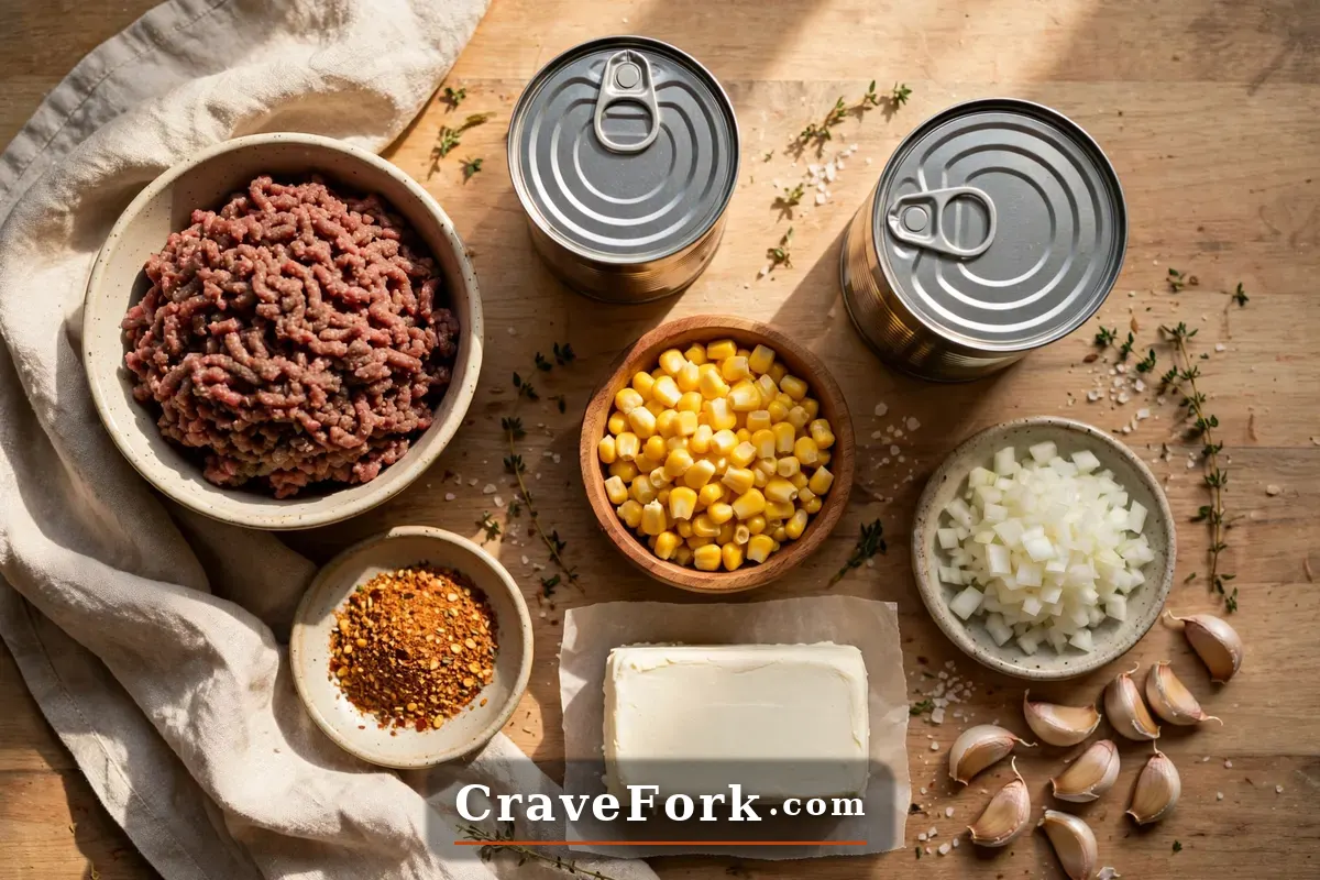 Ingredients for one-pot creamy taco soup arranged on a kitchen counter.