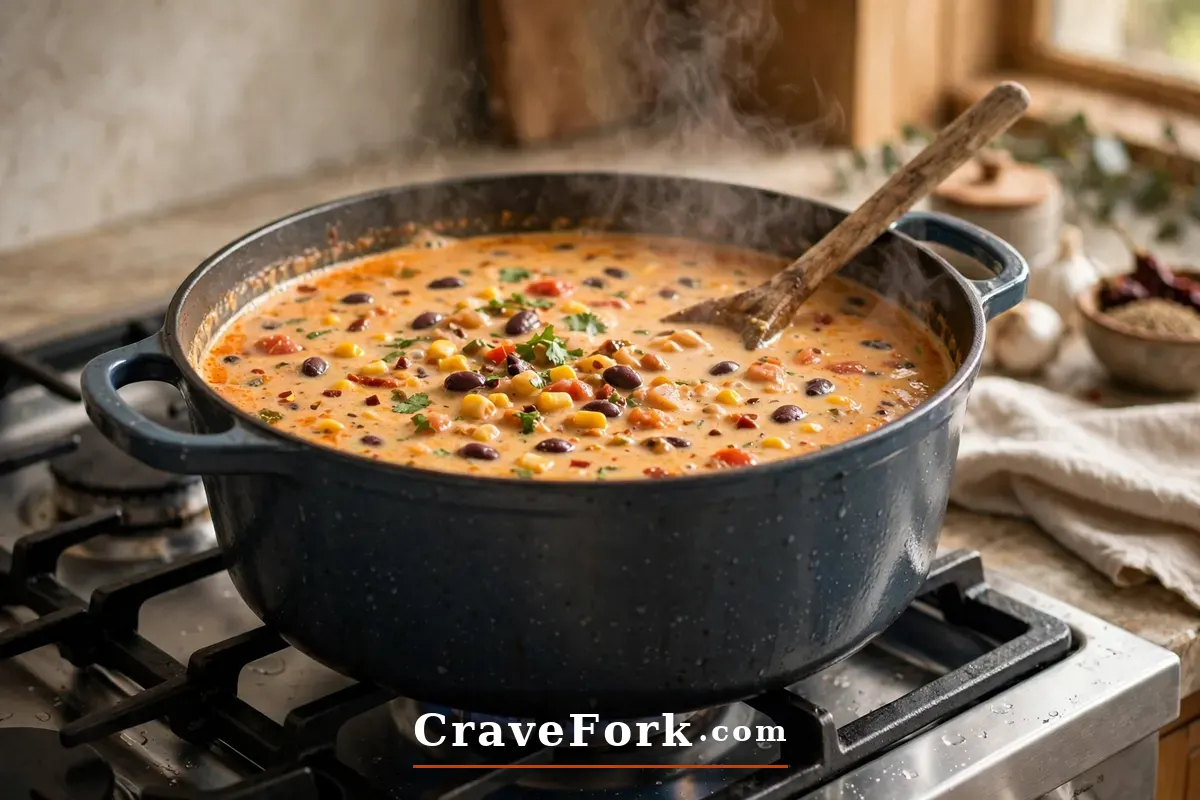Creamy taco soup simmering in a large pot on the stove.