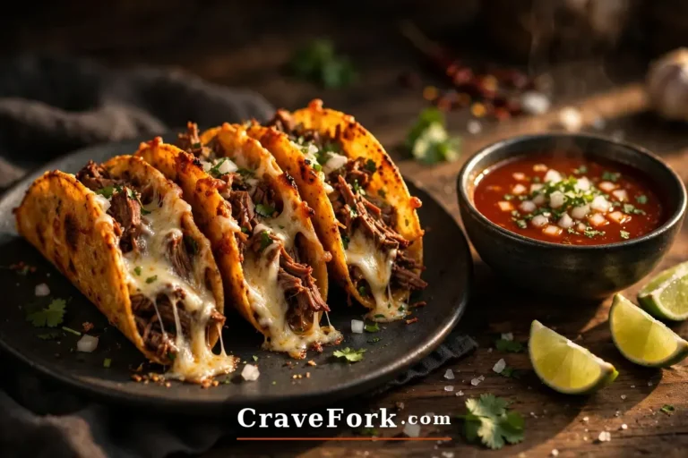 Homemade birria tacos with consommé for dipping, topped with onion and cilantro.