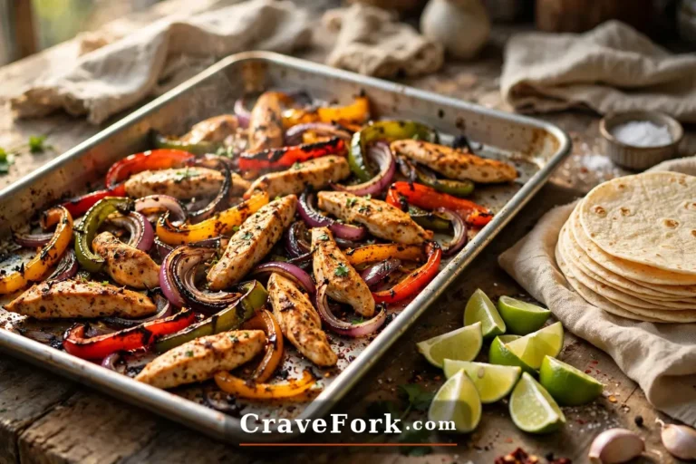 Easy sheet pan chicken fajitas with roasted peppers and onions on a baking sheet.