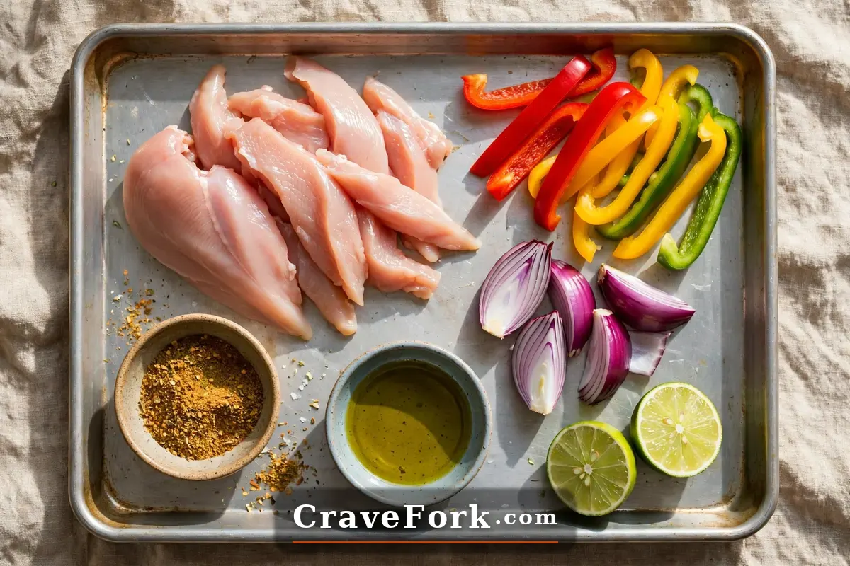Raw ingredients for sheet pan chicken fajitas arranged on a baking sheet.
