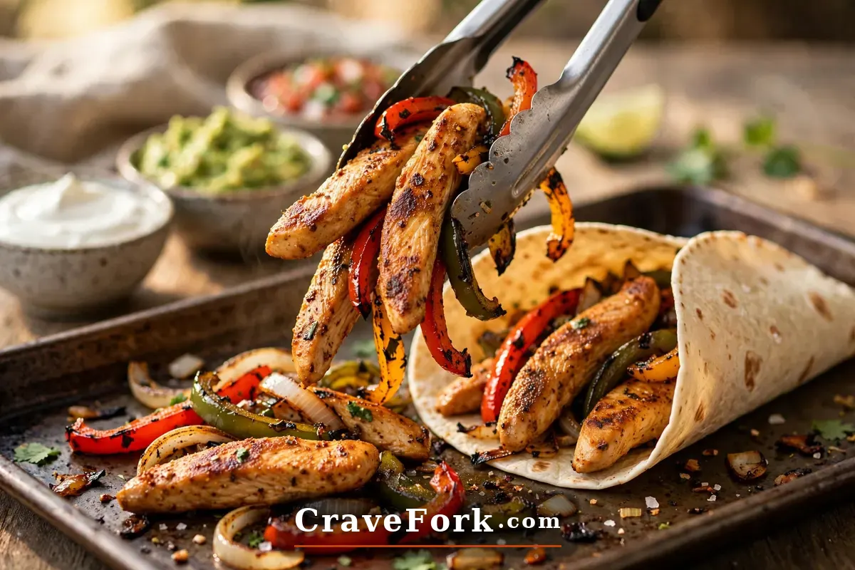 Chicken fajita filling being placed into a warm flour tortilla.