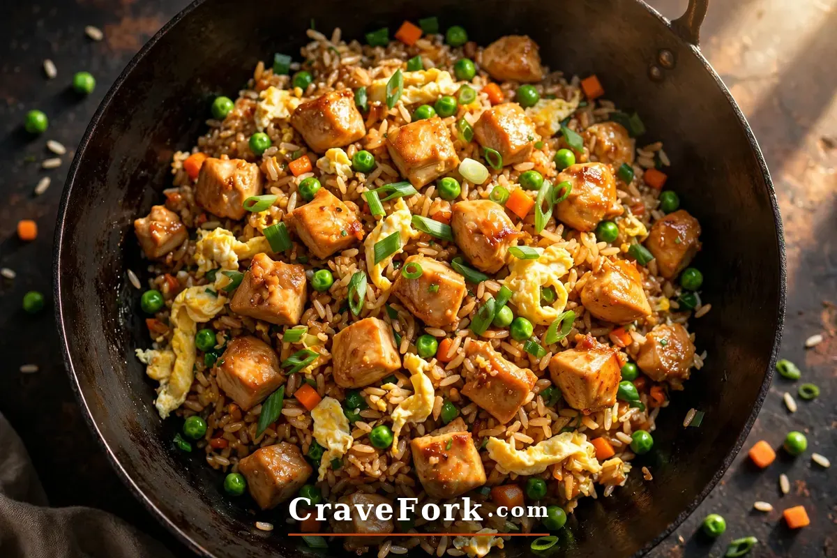 Easy chicken fried rice with chicken, peas, carrots and egg in a wok.
