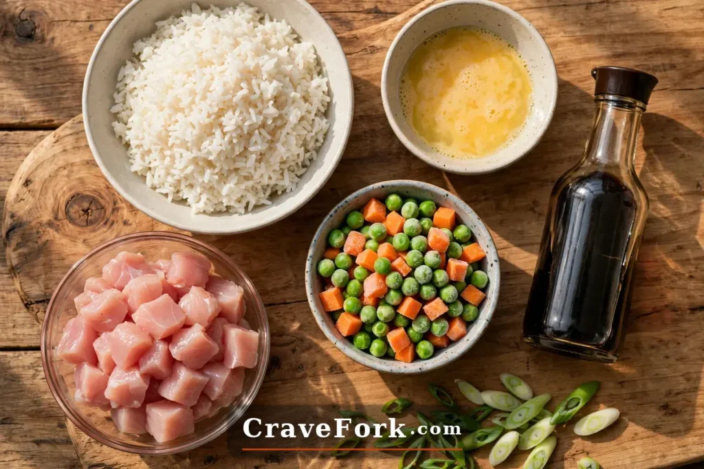 Ingredients for chicken fried rice laid out on a wooden board.