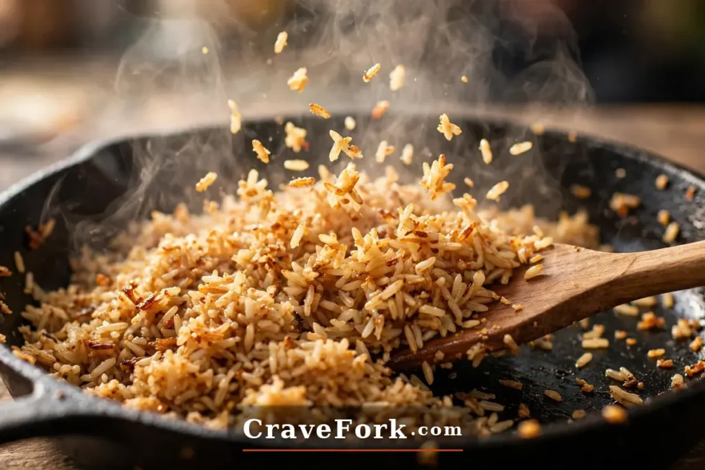 Chicken fried rice sizzling in a skillet with crispy golden grains.