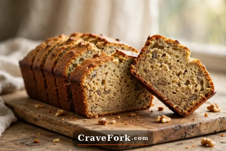 Moist classic banana bread loaf sliced on a wooden board.