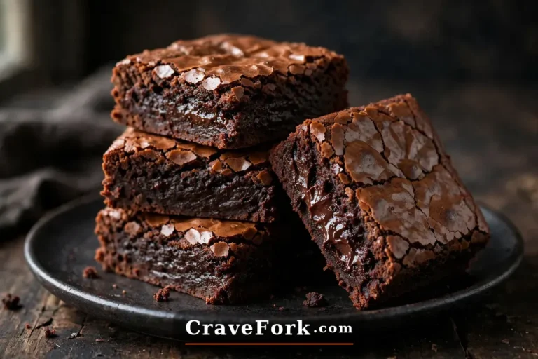 Fudgy one-bowl brownies stacked showing gooey chocolate centers.