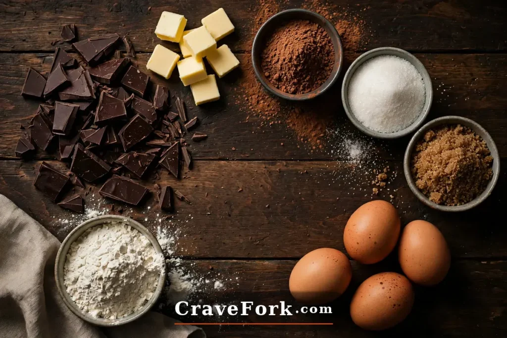 Ingredients for fudgy one-bowl brownies including dark chocolate and cocoa.