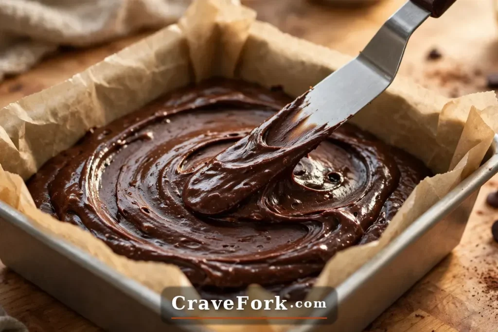 Spreading fudgy brownie batter in a baking pan.