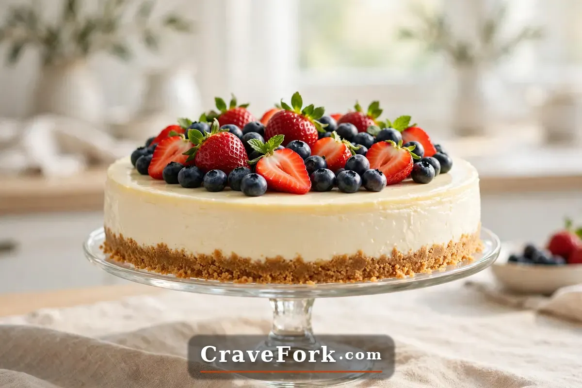 Easy no-bake cheesecake topped with fresh berries on a cake stand.