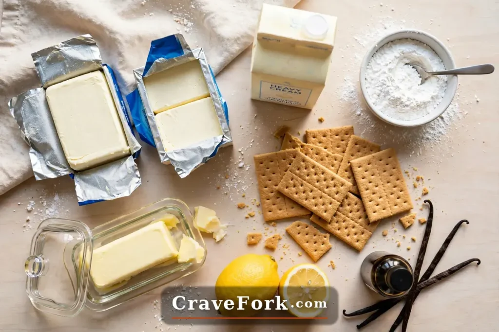 Ingredients for no-bake cheesecake including cream cheese and graham crackers.