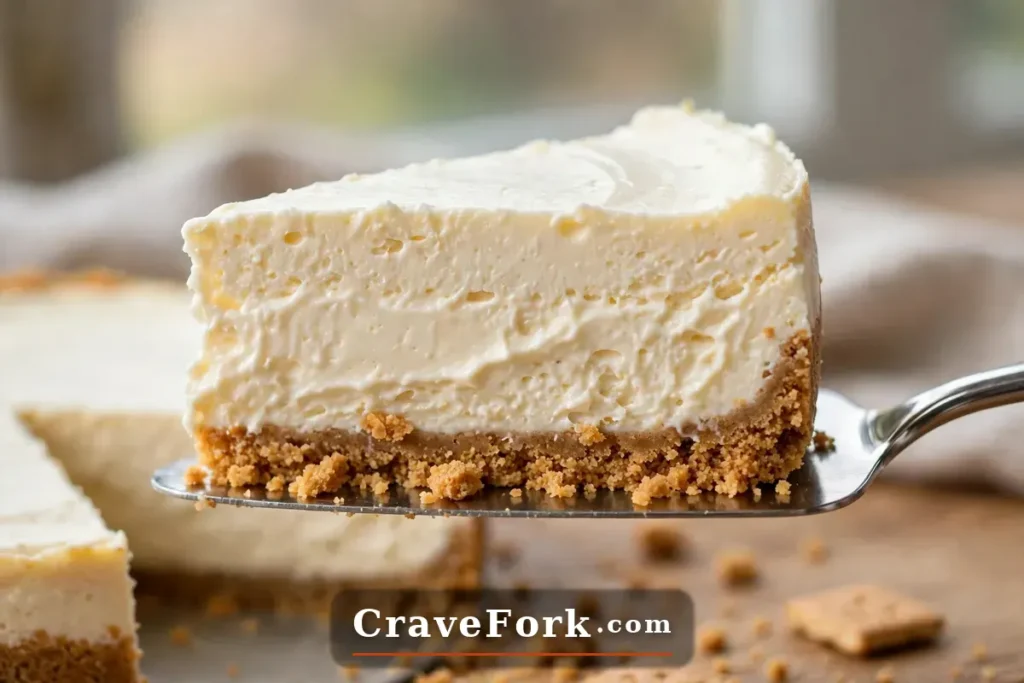 Slice of creamy no-bake cheesecake showing smooth filling and crust.