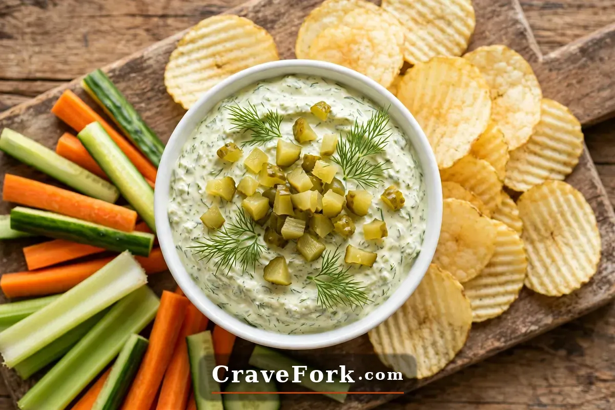 Creamy dill pickle dip topped with fresh dill, served with chips.