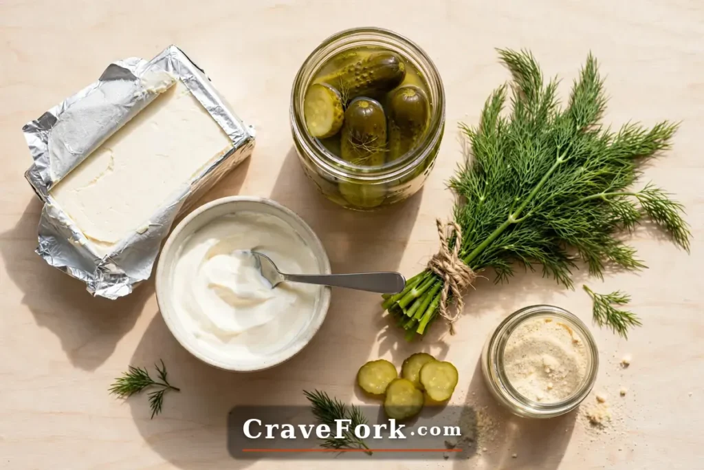 Ingredients for dill pickle dip including cream cheese and chopped pickles.