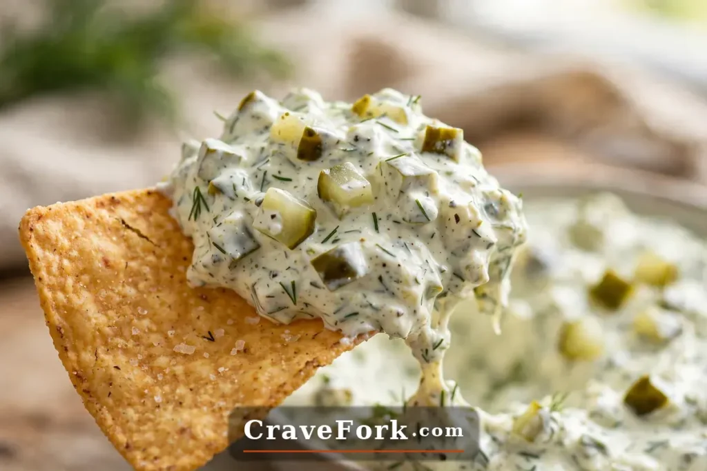 Potato chip scooping creamy dill pickle dip with pickle pieces.
