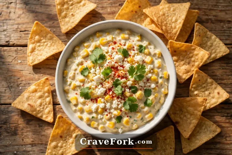 Creamy Mexican street corn dip topped with cotija cheese, chili powder, and cilantro, served with tortilla chips.