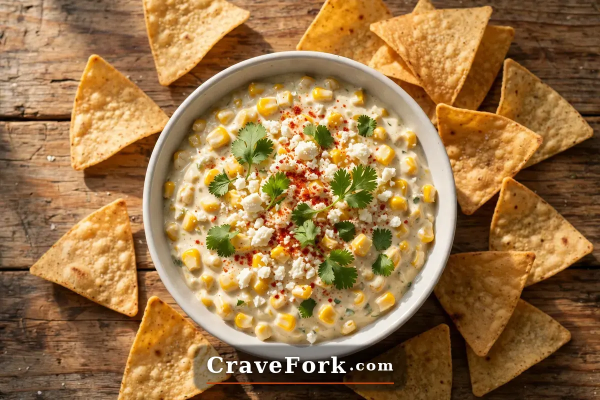 Creamy Mexican street corn dip topped with cotija cheese, chili powder, and cilantro, served with tortilla chips.
