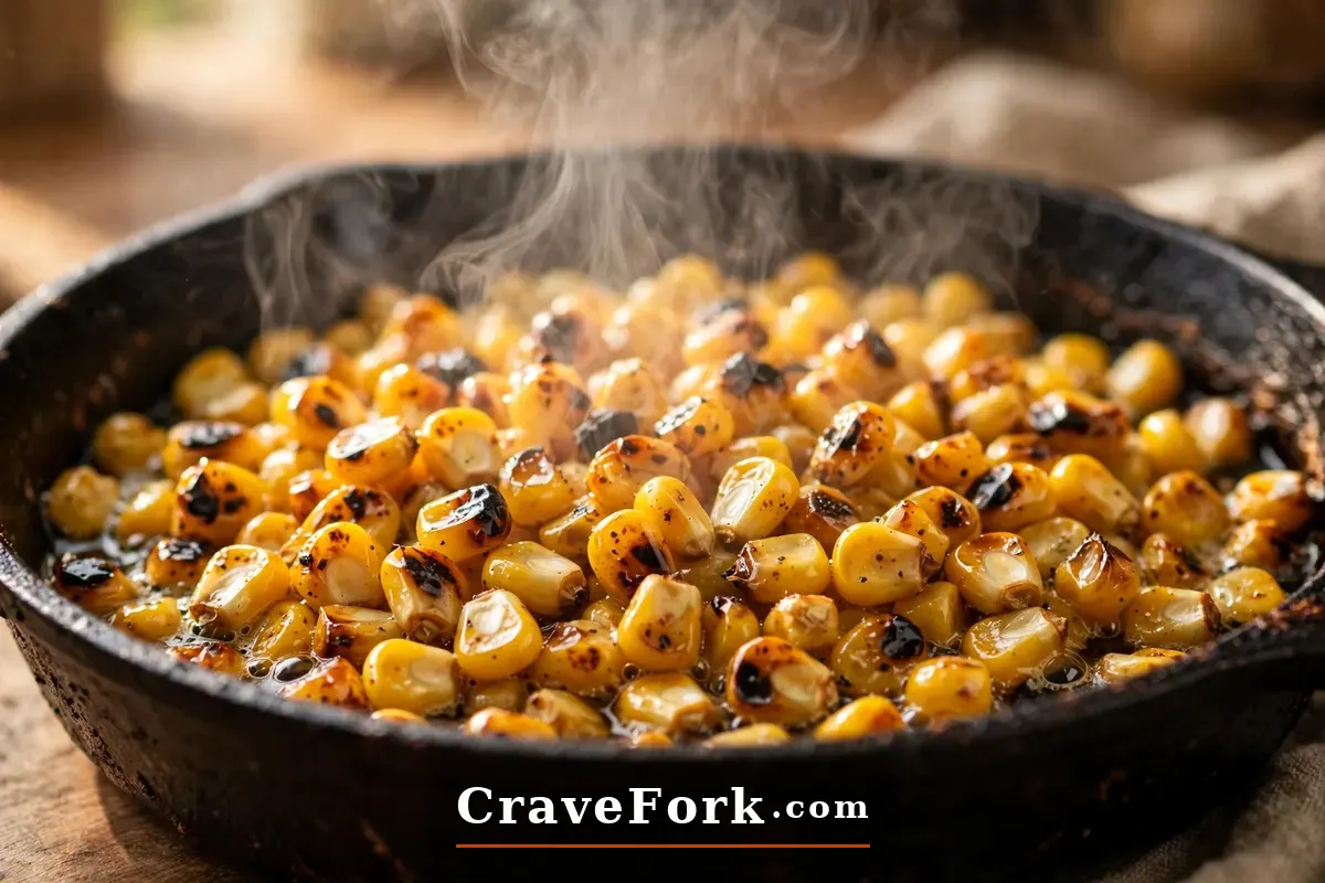 Corn kernels charring in a hot skillet for Mexican street corn dip.