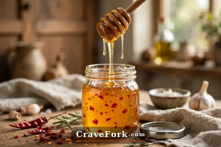Jar of homemade hot honey with chili flakes and a honey dipper drizzling golden honey.
