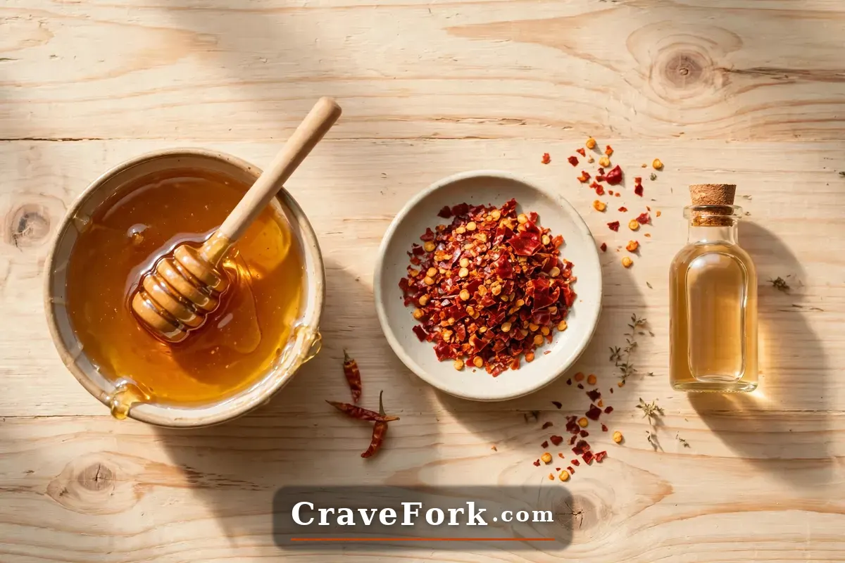 Ingredients for homemade hot honey — honey, chili flakes, and apple cider vinegar laid out on wood.
