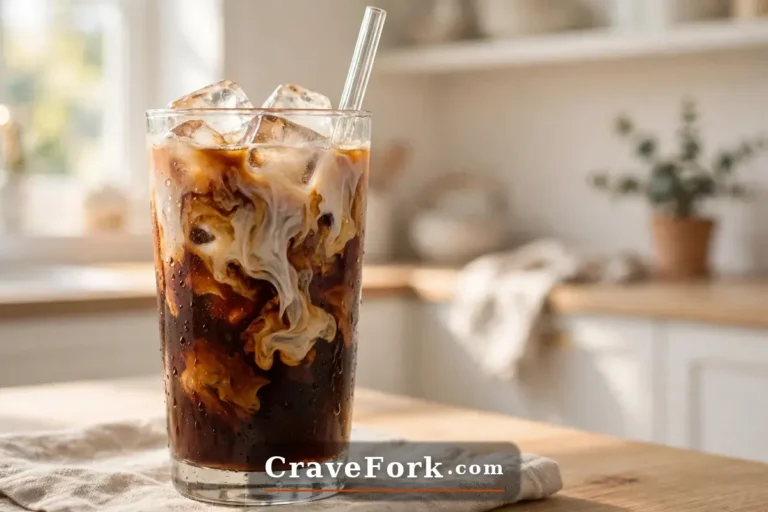 Tall glass of homemade iced coffee with milk swirling over ice cubes.