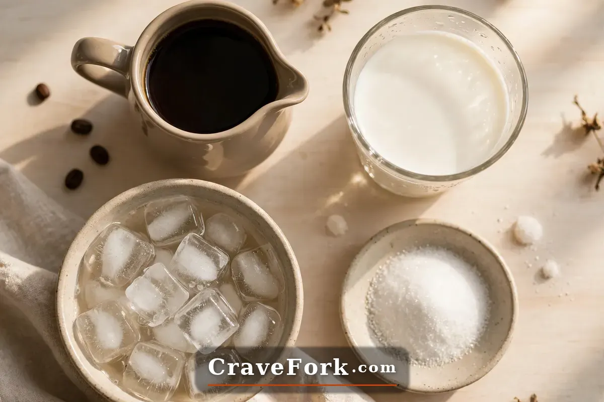 Ingredients for homemade iced coffee — strong coffee, milk, ice, and sugar laid out on a table.