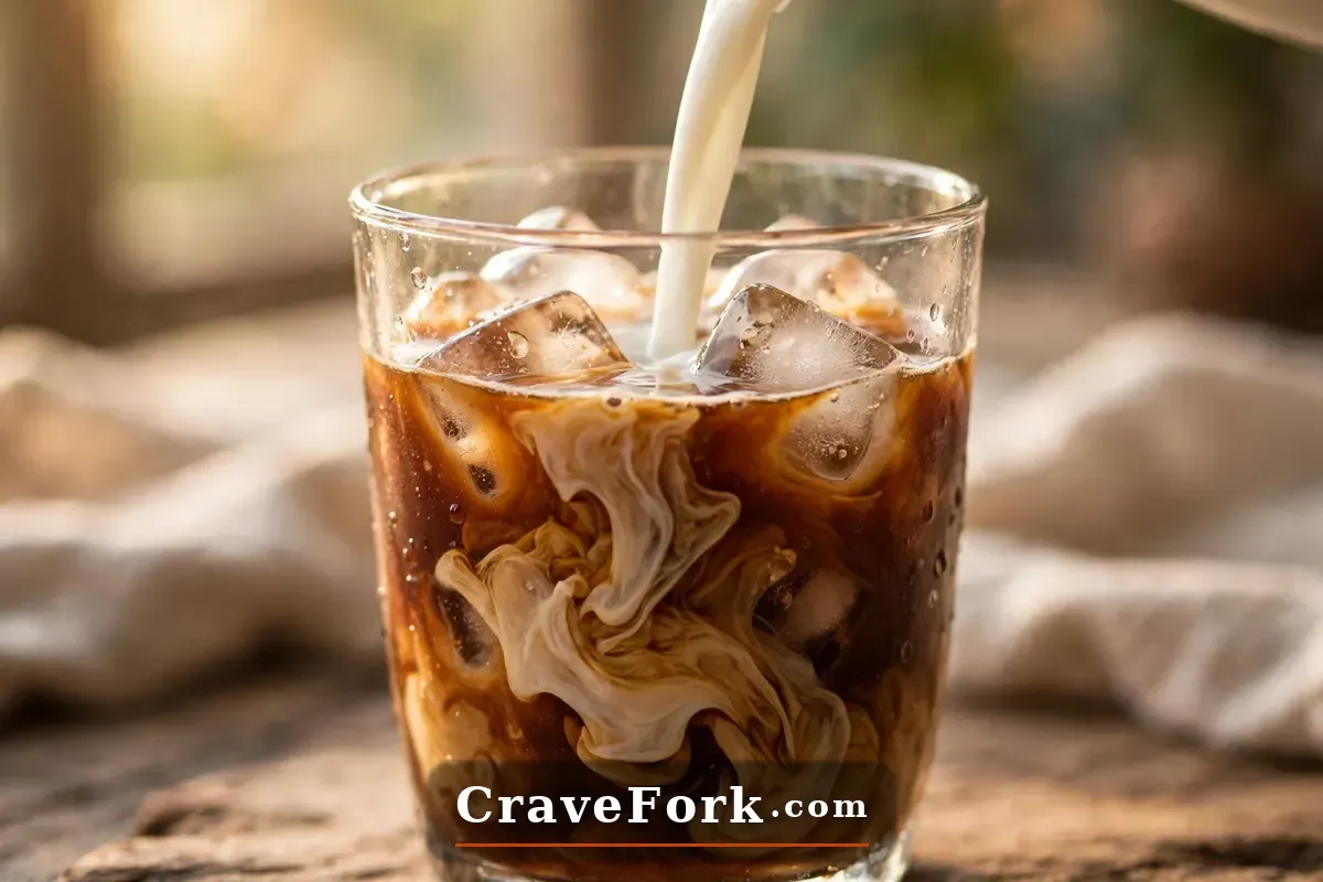Milk being poured into iced coffee creating creamy swirls over ice.