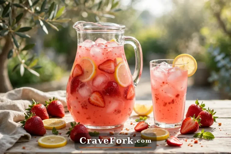 Pitcher of fresh pink strawberry lemonade with ice, strawberries, and lemon slices.