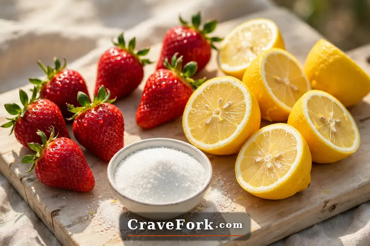 Fresh strawberries, lemons, and sugar — ingredients for strawberry lemonade.