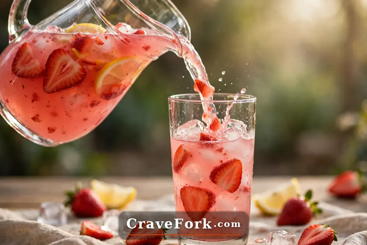 Fresh strawberry lemonade being poured over ice into a tall glass.