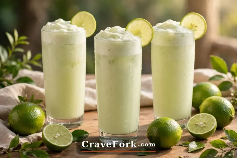 Glasses of creamy Brazilian lemonade with frothy tops and lime wheels.