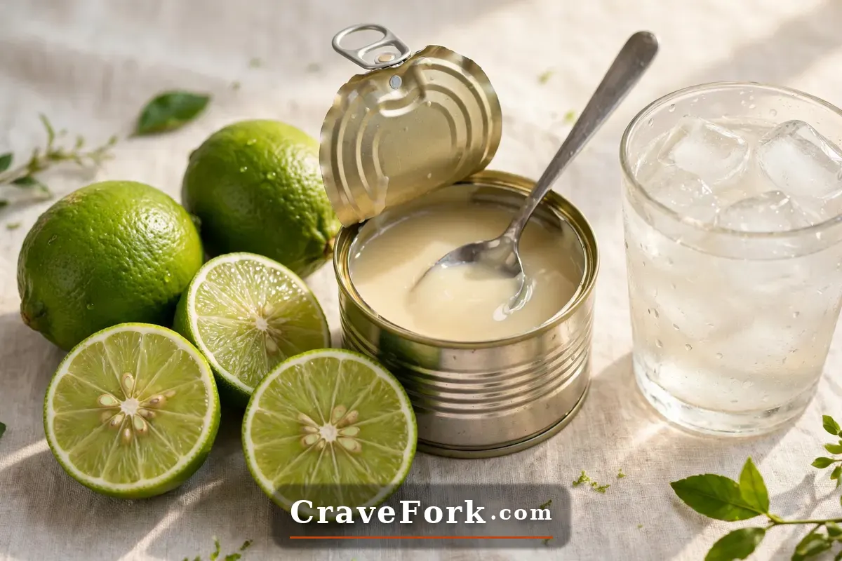 Limes, sweetened condensed milk, and ice — ingredients for Brazilian lemonade.