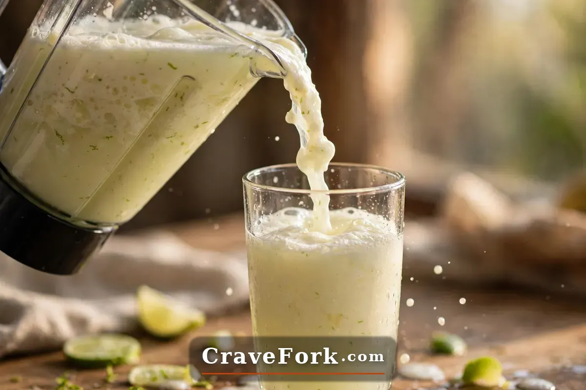 Creamy Brazilian lemonade being poured from a blender into a glass.