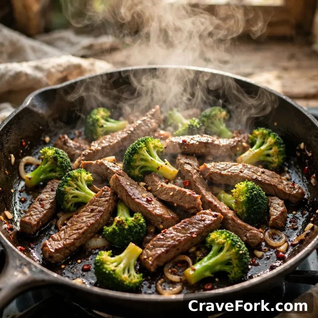 Beef and broccoli stir-frying in a hot pan.