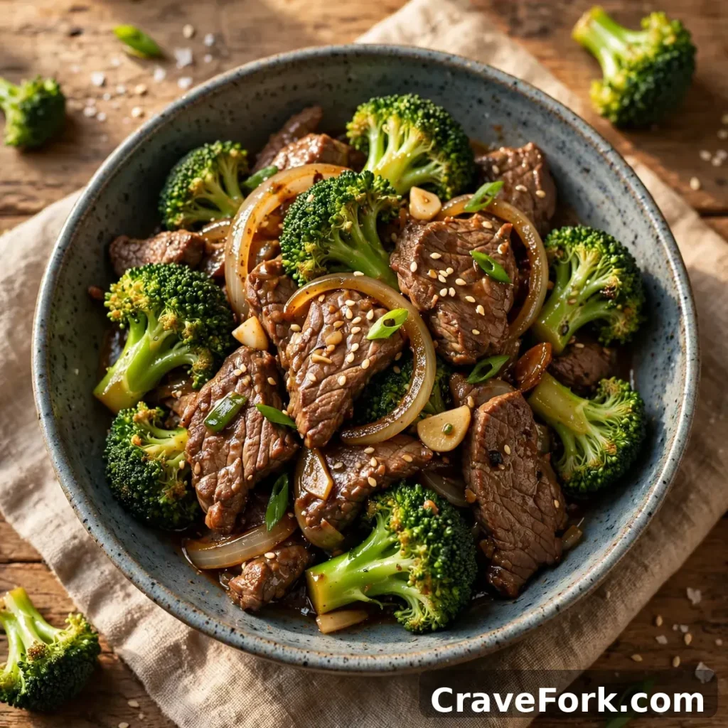 Beef and broccoli stir-fry served in a bowl.