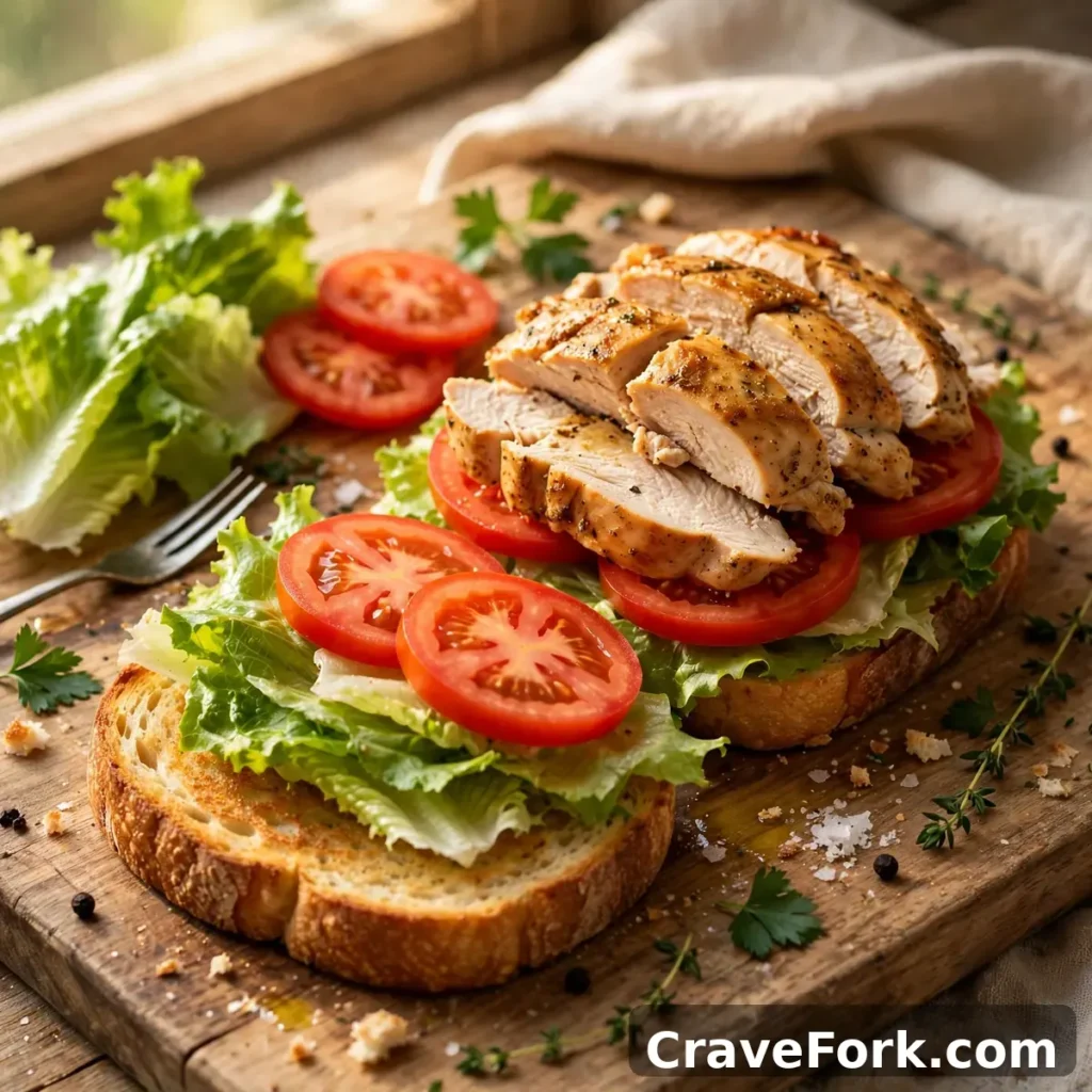 Assembling a chicken sandwich with lettuce and tomato on a cutting board.