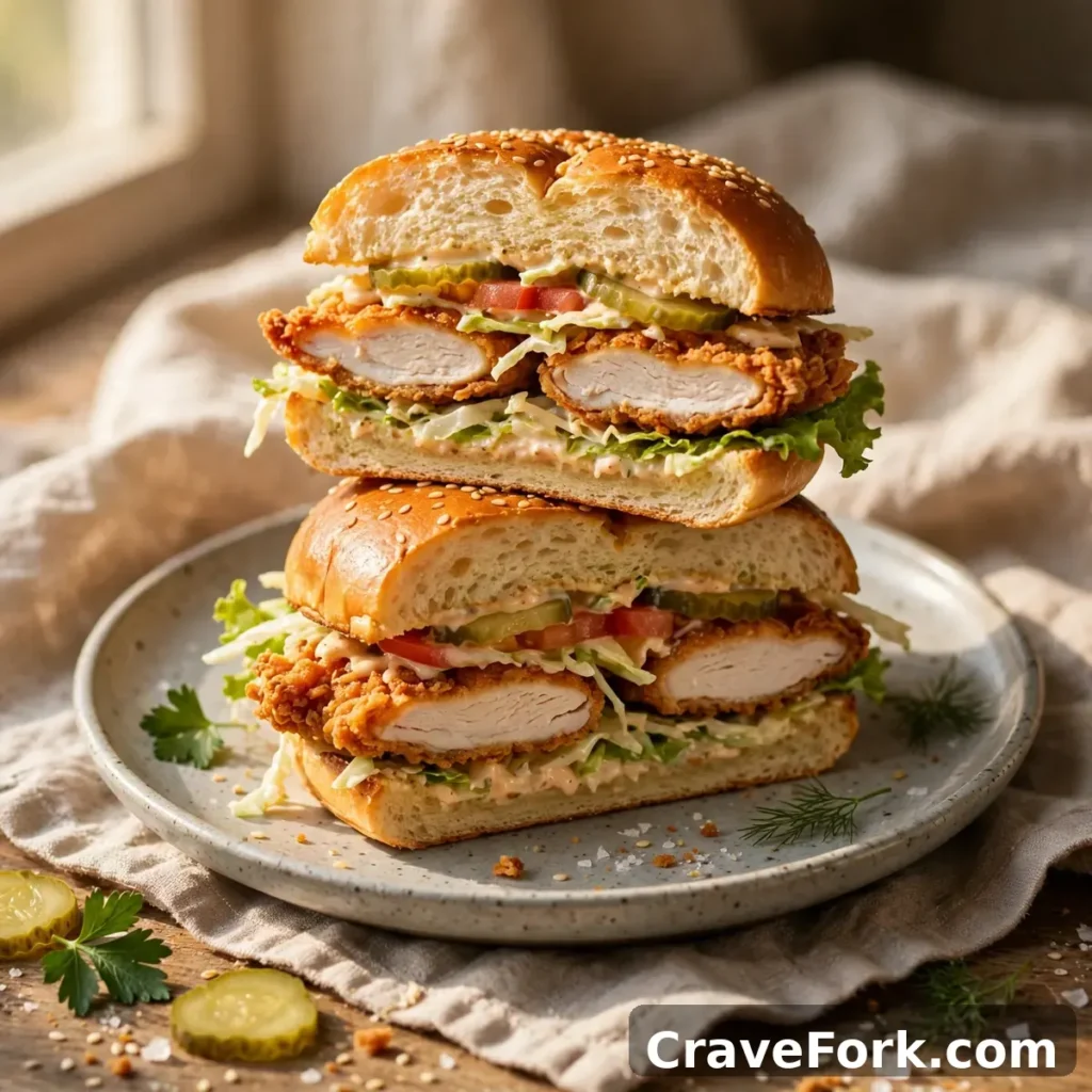 Cut chicken sandwich halves served on a plate.