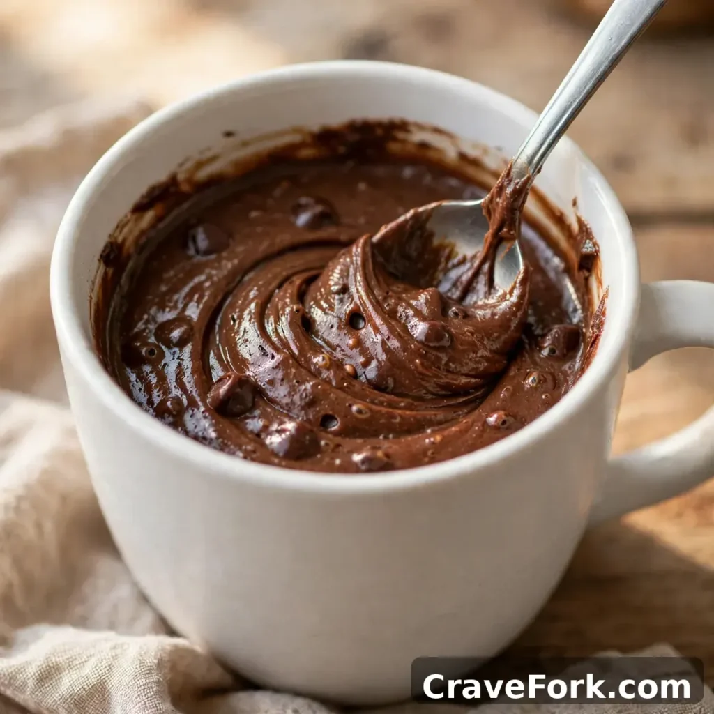 Stirring chocolate mug cake batter in a white mug with a spoon.